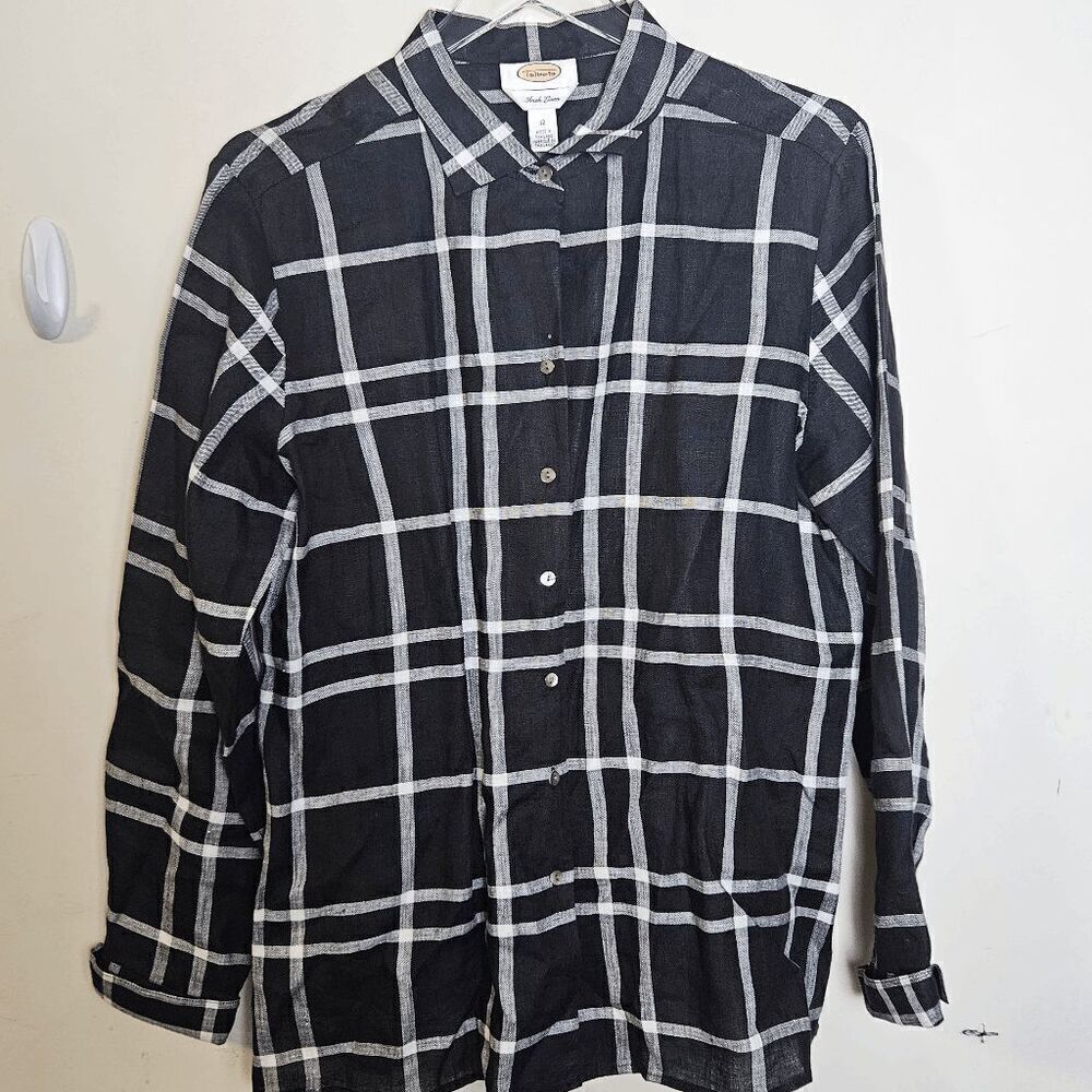 Talbots 100% Irish Linen Button Down Long Sleeve Plaid Top Women's Black/White S